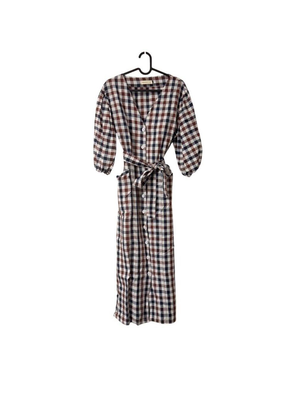 Brunna.Co Meghan Brown Navy GIngham Plaid Linen Midi Dress Womens Large